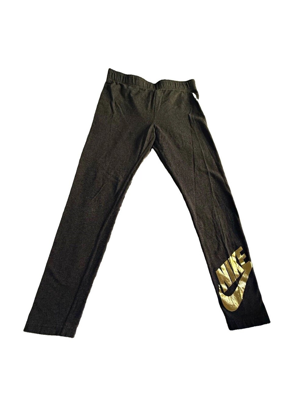 Nike Tight Fit Women's Black Leggings L Gold Logo Stretch Elastic Waist Ankle